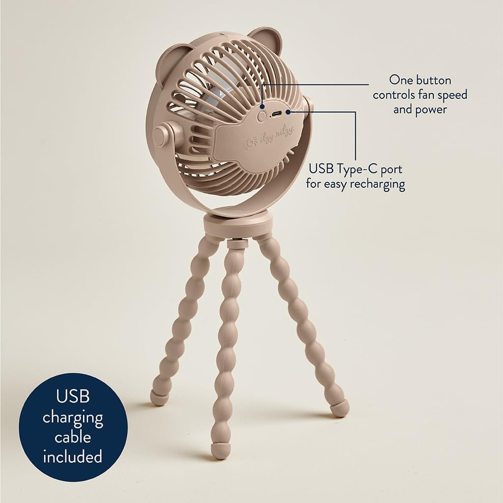 Itzy Ritzy Baby Stroller Fan - Rechargeable Fan Features 360 Degree Swivel, Flexible Wraparound Legs and 3 Speeds (Bear)