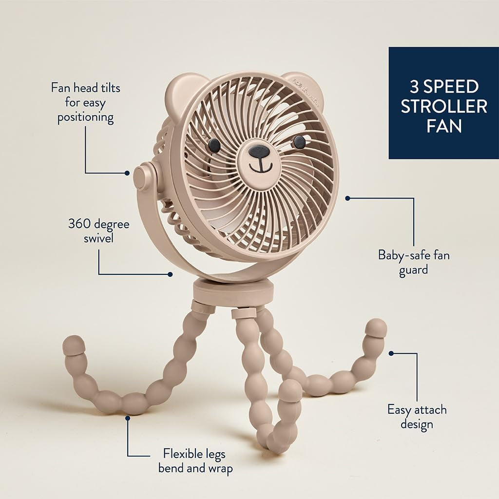 Itzy Ritzy Baby Stroller Fan - Rechargeable Fan Features 360 Degree Swivel, Flexible Wraparound Legs and 3 Speeds (Bear)